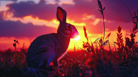 Rabbit's silhouette illuminated by a glowing sunset, creating a serene sceneの素材