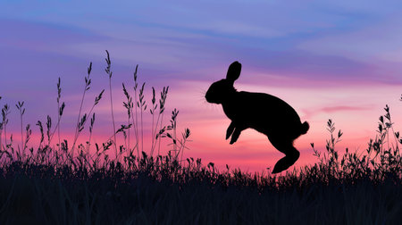 Silhouette of a rabbit hopping through an evening meadow, under a twilight skyの素材