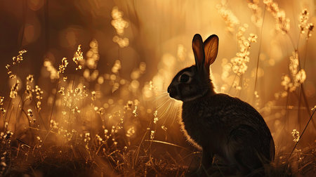 Silhouette of a rabbit sitting in an evening meadow, bathed in twilight's gentle glowの素材