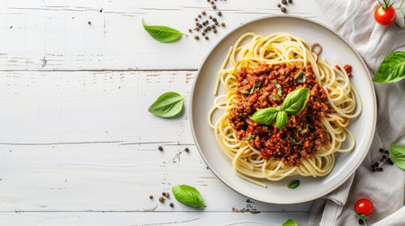 Savory rabbit bolognese with spaghetti on a white wooden table, flat lay compositionの素材