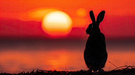 Silhouette of a rabbit standing tall, framed by the colors of a sunsetの素材