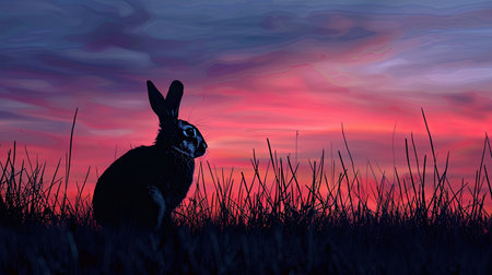 Silhouette of a rabbit in the meadow at dusk, with the sky ablaze with evening colorsの素材