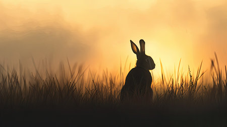 Silhouette of a rabbit in a calm evening meadow, under the gentle hues of duskの素材