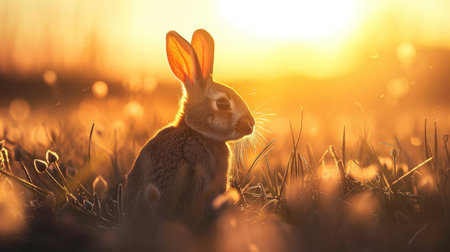 Silhouette of a rabbit backlit by a stunning sunset, capturing the serene beauty of natureの素材