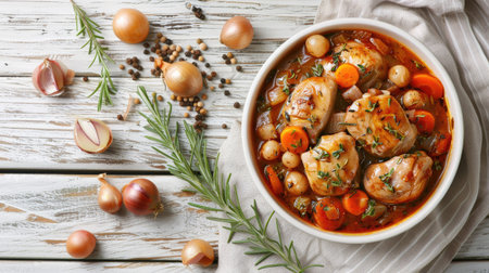 Tender rabbit stew with pearl onions and carrots on a white wooden table, flat lay compositionの素材