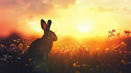 Silhouette of a rabbit in the meadow at twilight, surrounded by evening calmの素材