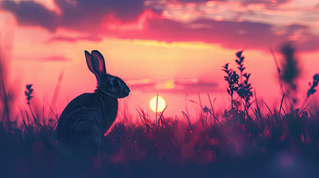 Silhouette of a rabbit in the meadow at dusk, with the sky ablaze in evening colorsの素材