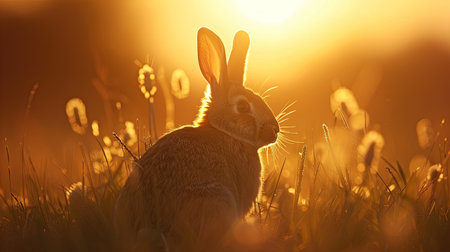 Silhouette of a rabbit framed by a sunset's golden light, capturing a peaceful momentの素材