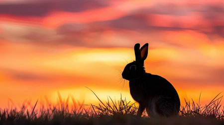 Silhouette of a rabbit in the meadow at dusk, with the sky ablaze with evening colorsの素材