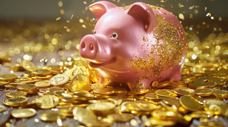 Shower of gold coins filling a pink piggy bank, spilling onto the floor in a wealth overflowの素材