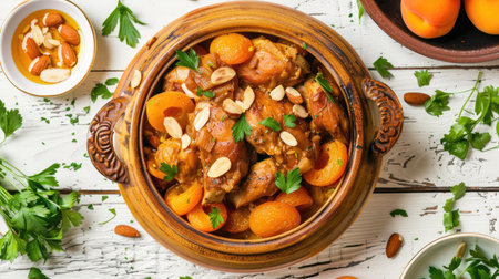 Tasty rabbit tagine with apricots and almonds on a white wooden table, flat lay styleの素材