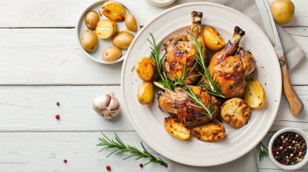 Tasty cooked rabbit meat served with rosemary and potatoes on a white wooden table, flat lay viewの素材