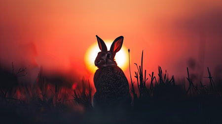 Silhouette of a rabbit standing tall, framed by the colors of a sunsetの素材
