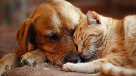 Affectionate dog and cat grooming each other with care, showcasing their nurturing and loving pet relationship.の素材