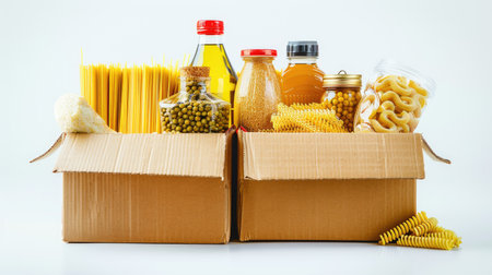 Assorted foodstuff for donation in a cardboard box, featuring pasta, cooking oil, and canned food, isolated on white background with clipping pathの素材