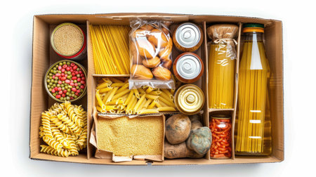 Box of assorted food items for donation, including pasta, cooking oil, and canned goods, isolated on white background with clipping pathの素材