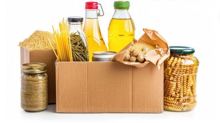 Assorted food donations in a cardboard box, including pasta, cooking oil, and canned food, isolated on white with clipping pathの素材