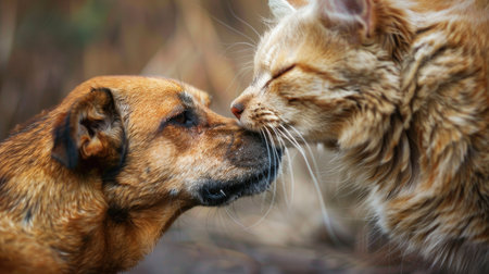 Affectionate dog and cat grooming each other with care, showcasing their nurturing and loving pet relationship.の素材