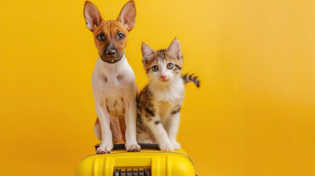 Affectionate dog and cat standing on a vibrant yellow suitcase, symbolizing companionship and readiness for travel.の素材