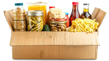 Box of assorted food items for donation, including pasta, cooking oil, and canned goods, isolated on white background with clipping pathの素材