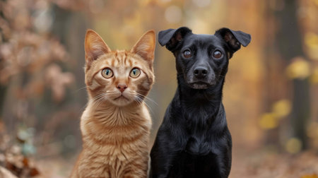 Curious Jagdterrier and Scottish Straight cat standing together, showcasing their adorable and affectionate bond. Perfect for pet lovers.の素材