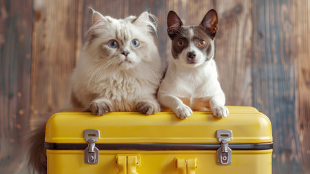 Confident dog and cat posing on a bright yellow suitcase, symbolizing readiness and excitement for travel. Cute pet companionshipの素材