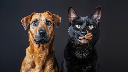 Curious Jagdterrier and Scottish Straight cat standing upright, displaying their playful and affectionate personalities. Studio shot.の素材