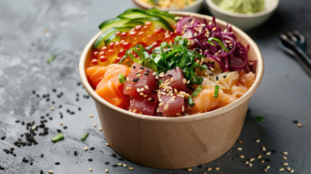 Colorful poke bowl with fresh ingredients in paper bowl on gray background. Nutritious take away meal.の素材