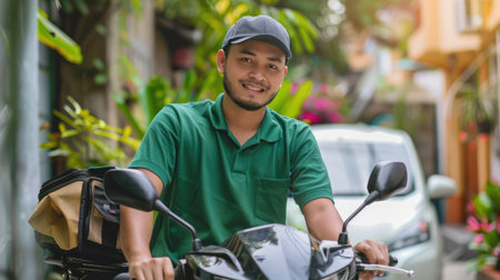 Delivery rider in green shirt with phone app ready, prepared for fast and accurate meal deliveriesの素材