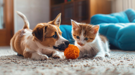 Dog and cat playing with a toy together, showcasing their playful and fun-loving nature. Charming and lively pet interaction.の素材