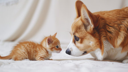 Curious Welsh corgi and tiny red kitten exploring together on a white backdrop. Playful pet interaction.の素材
