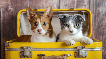 Curious dog and cat exploring a vibrant yellow suitcase in a studio. Playful pets showcasing their adventurous spirit.の素材