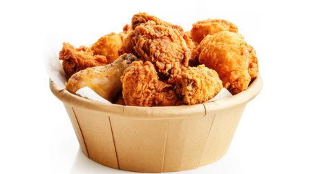 Fried chicken, nuggets, and crispy chicken skin in a paper bucket, isolated on white background with clipping path, showcasing golden crunchの素材