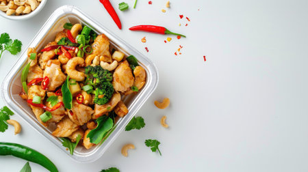 Famous Thai dish chicken with cashew nuts in a take-away container, beautifully presented on a white backgroundの素材