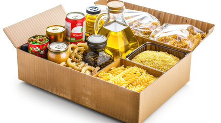 Food donations in a cardboard box, featuring pasta, cooking oil, and canned food, isolated on white background with clipping pathの素材