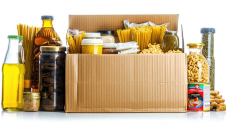 Donation box with various food items, including pasta, cooking oil, and canned goods, isolated on white background with clipping pathの素材