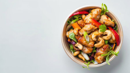 Famous Thai dish chicken with cashew nuts in a take-away container, beautifully presented on a white backgroundの素材