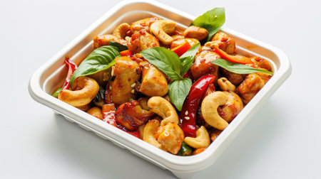 Famous Thai dish chicken with cashew nuts in a take-away container, beautifully presented on a white backgroundの素材