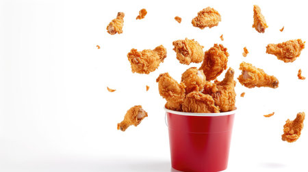Tasty fried chicken pieces soaring from a bucket, isolated on white background with a clipping path, perfect for fast-food promotionsの素材