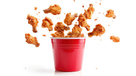 Fried chicken pieces flying out of a red bucket, isolated on white background with a clipping path, highlighting deliciousnessの素材