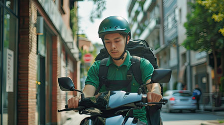 Rider in green shirt poised for fast food delivery, phone app open and ready, ensuring quick and accurate serviceの素材
