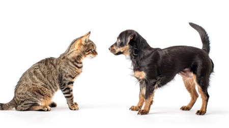 Sweet Jagdterrier and Scottish Straight cat standing upright, capturing a moment of playful and curious pet interaction. Isolated on white.の素材
