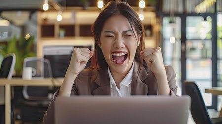 Excited Asian executive celebrating success at work, staring at laptop with joy, financial growth in office.の素材