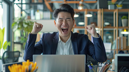 Happy young Asian executive in office, looking at laptop, cheering for good online results, success celebration.の素材