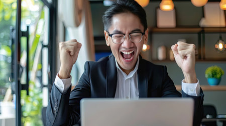 Ecstatic young Asian businessman celebrating success at work, cheering at laptop, good online results in office.の素材