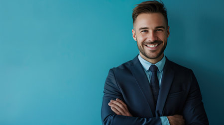 Businessman posing with a friendly smile, blue background, formal attire.の素材