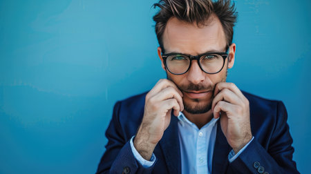 Businessman adjusting his glasses, looking professional and focused, blue backdrop.の素材