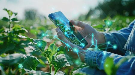 Smart farmer holding smartphone with AI tech interface, agricultural field, future farming.の素材