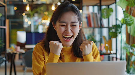 Ecstatic young Asian professional celebrating good online results, staring at laptop with joy in office.の素材