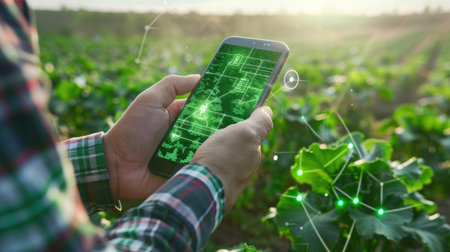 Smart farmer holding smartphone with AI tech interface, agricultural field, future farming.の素材